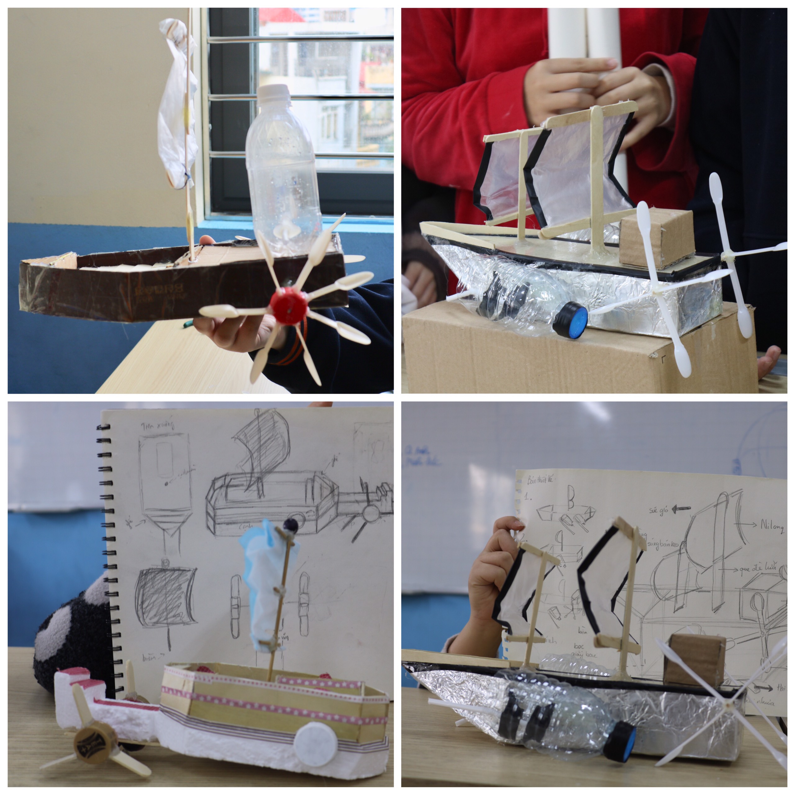Sản phẩm chiếc thuyền do học sinh 8A1 sáng tạo từ những nguyên vật liệu tái chế: bìa, vỏ chai nhựa,...
