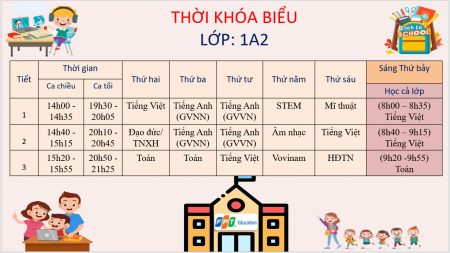 Lịch học cụ thể của lớp 1A2 - Mỗi buổi học FPT Schools thiết kế dưới 2 tiếng để học sinh không tiếp xúc nhiều với thiết bị điện tử