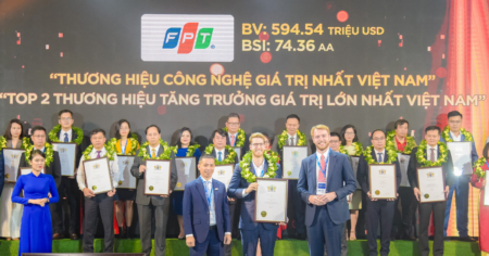 Trong khuôn khổ Lễ công bố Top 100 Thương hiệu giá trị nhất Việt Nam 2023 của Brand Finance, FPT đã được vinh danh ở hai hạng mục “Thương hiệu Công nghệ giá trị nhất Việt Nam”