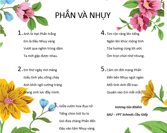 Bài thơ của Vương Gia Khiêm lớp 6A2 tìm hiểu về quá trình thụ phấn ở cây