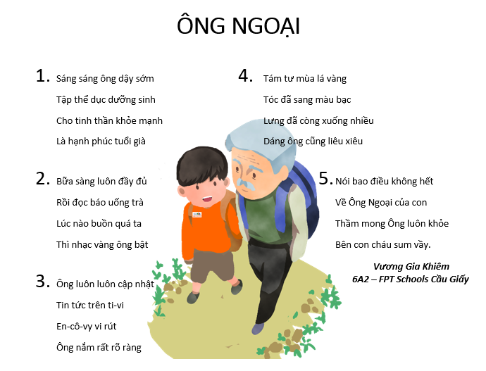 Bài thơ Ông Ngoại của Vương Gia Khiêm lớp 6A2 thể hiện tình yêu với người ông của mình qua tài quan sát vô cùng tỉ mỉ